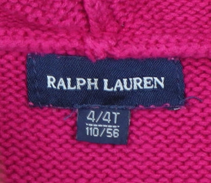 Ralph Lauren Girls Pink Full Zip Hooded Cardigan Faux Fur Trim Size 4 Years