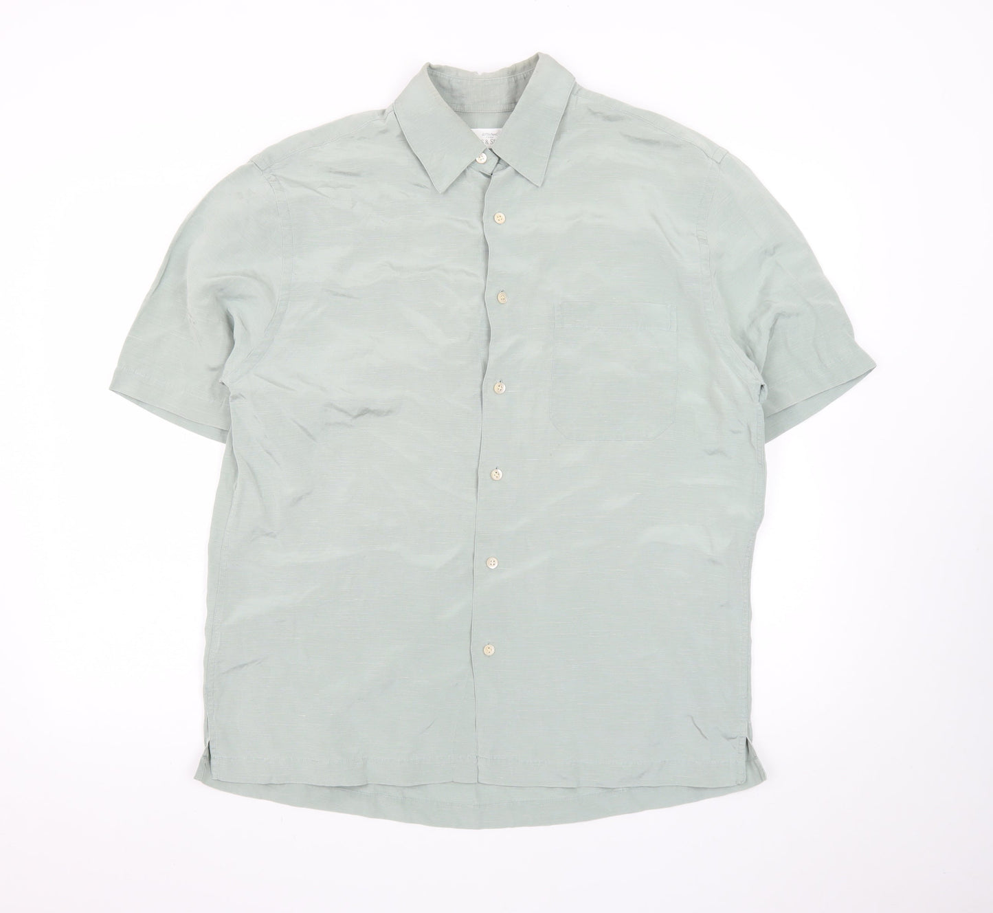 Marks and Spencer Men's Green Short Sleeve Vintage Button-Up Shirt M