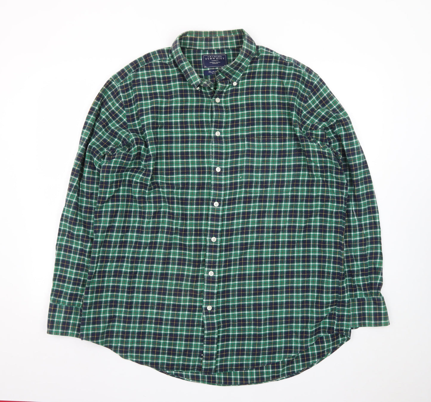 Charles Tyrwhitt Men's Green Check Brushed Cotton Classic Fit Shirt XL