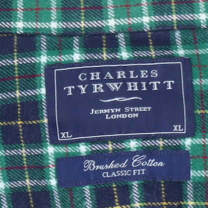 Charles Tyrwhitt Men's Green Check Brushed Cotton Classic Fit Shirt XL