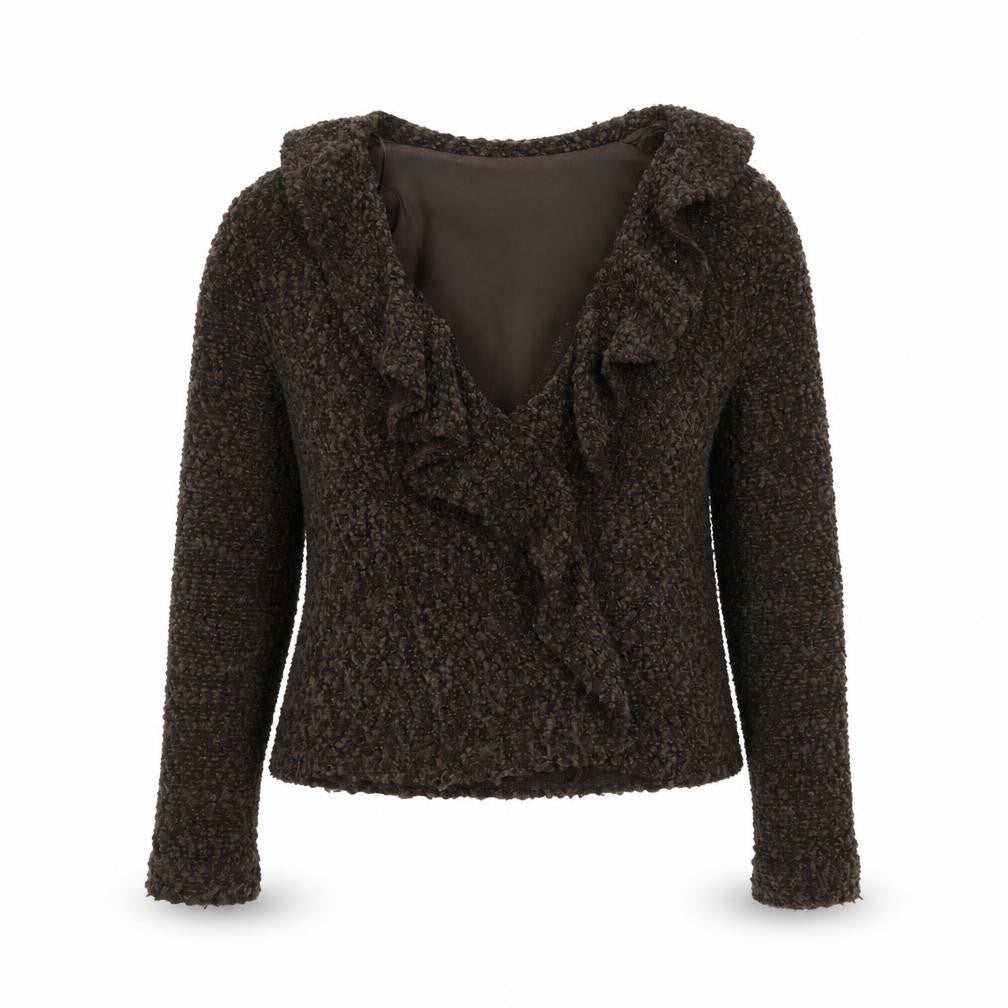 Principles Women Brown Size 10 V-Neck Ruffle Knit Cardigan