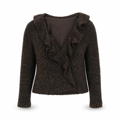 Principles Women Brown Size 10 V-Neck Ruffle Knit Cardigan