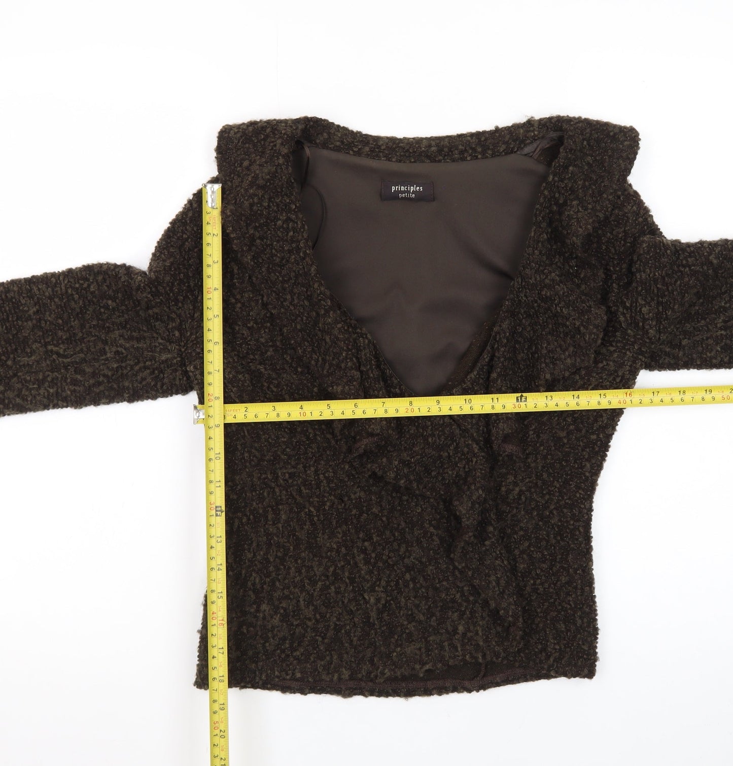 Principles Women Brown Size 10 V-Neck Ruffle Knit Cardigan