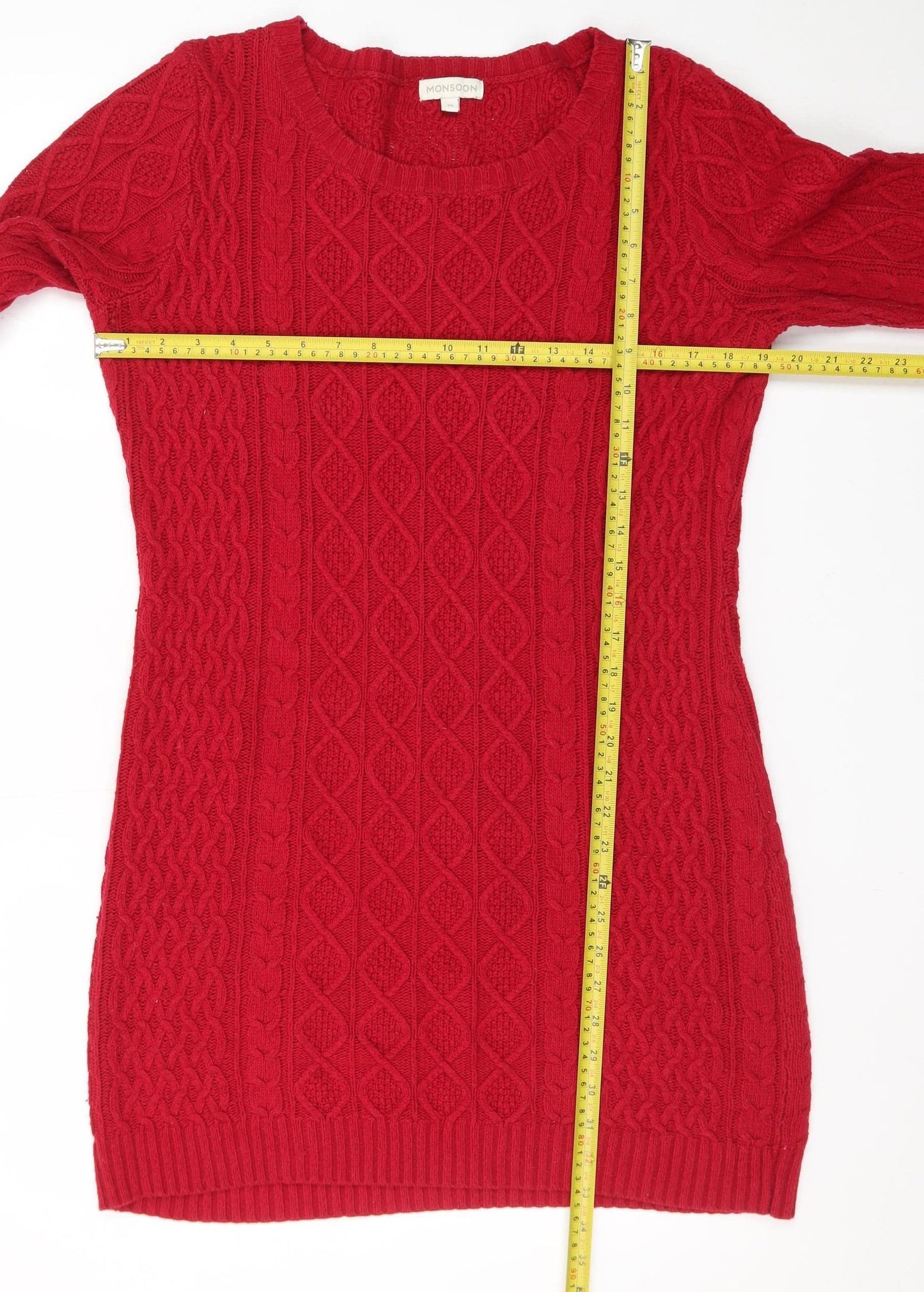Monsoon Women’s Red Knit Jumper Dress M Crew Neck 3/4 Sleeve