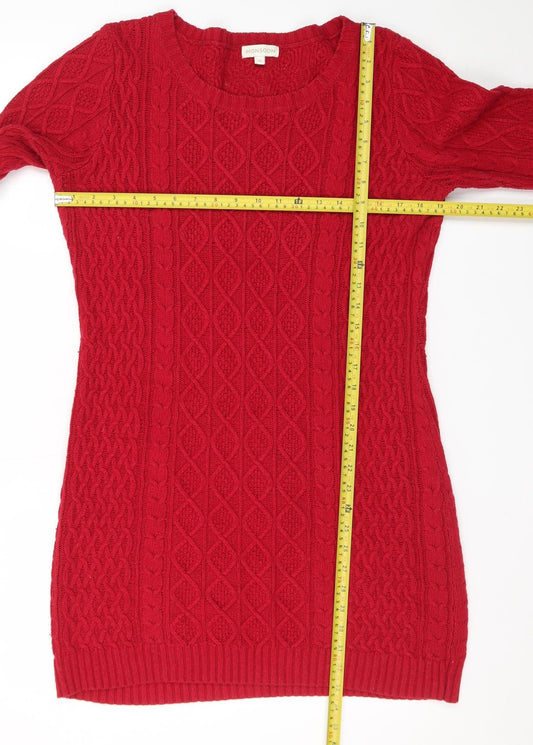 Monsoon Women’s Red Knit Jumper Dress M Crew Neck 3/4 Sleeve