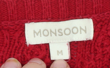 Monsoon Women’s Red Knit Jumper Dress M Crew Neck 3/4 Sleeve