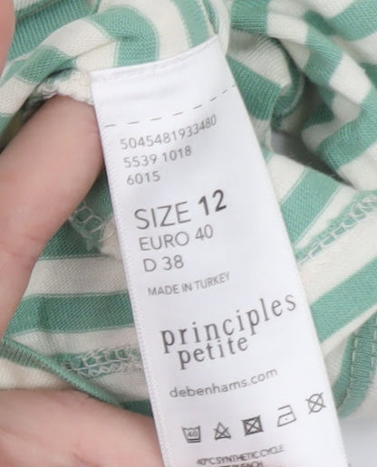 Principles Petite Women's Green Striped 3/4 Sleeve Cotton T-Shirt Size 12