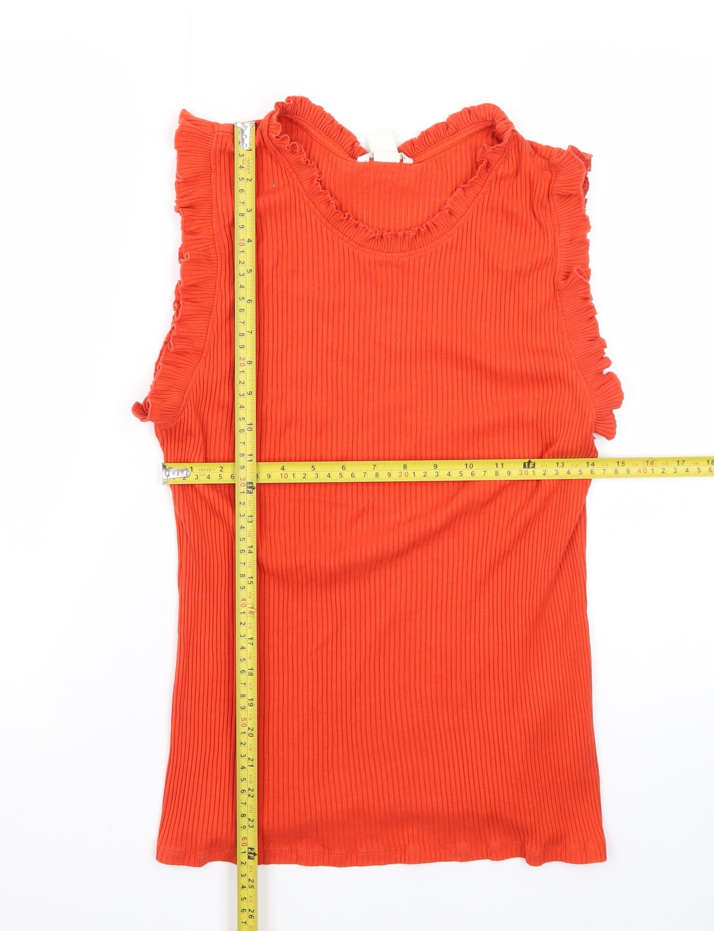 H&M Women Orange Sleeveless Ruffle Trim Ribbed Cotton Tank Top Size L