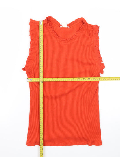 H&M Women Orange Sleeveless Ruffle Trim Ribbed Cotton Tank Top Size L