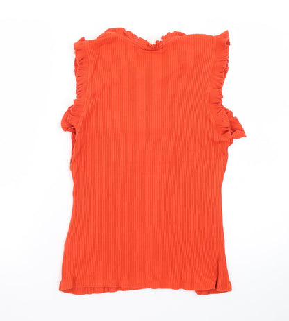 H&M Women Orange Sleeveless Ruffle Trim Ribbed Cotton Tank Top Size L