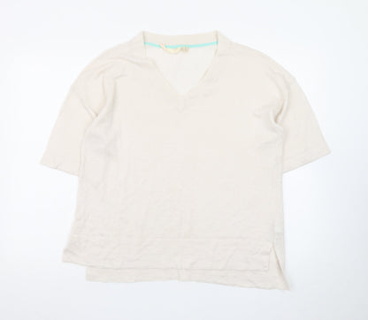 White Stuff Women’s Beige Linen V-Neck Short Sleeve Pullover Jumper UK 10