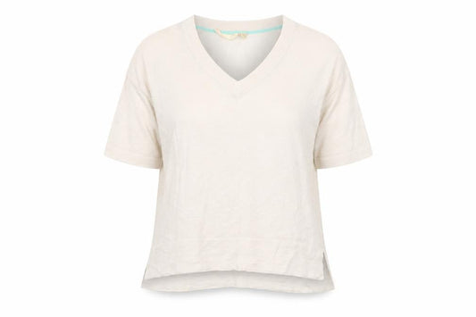 White Stuff Women’s Beige Linen V-Neck Short Sleeve Pullover Jumper UK 10