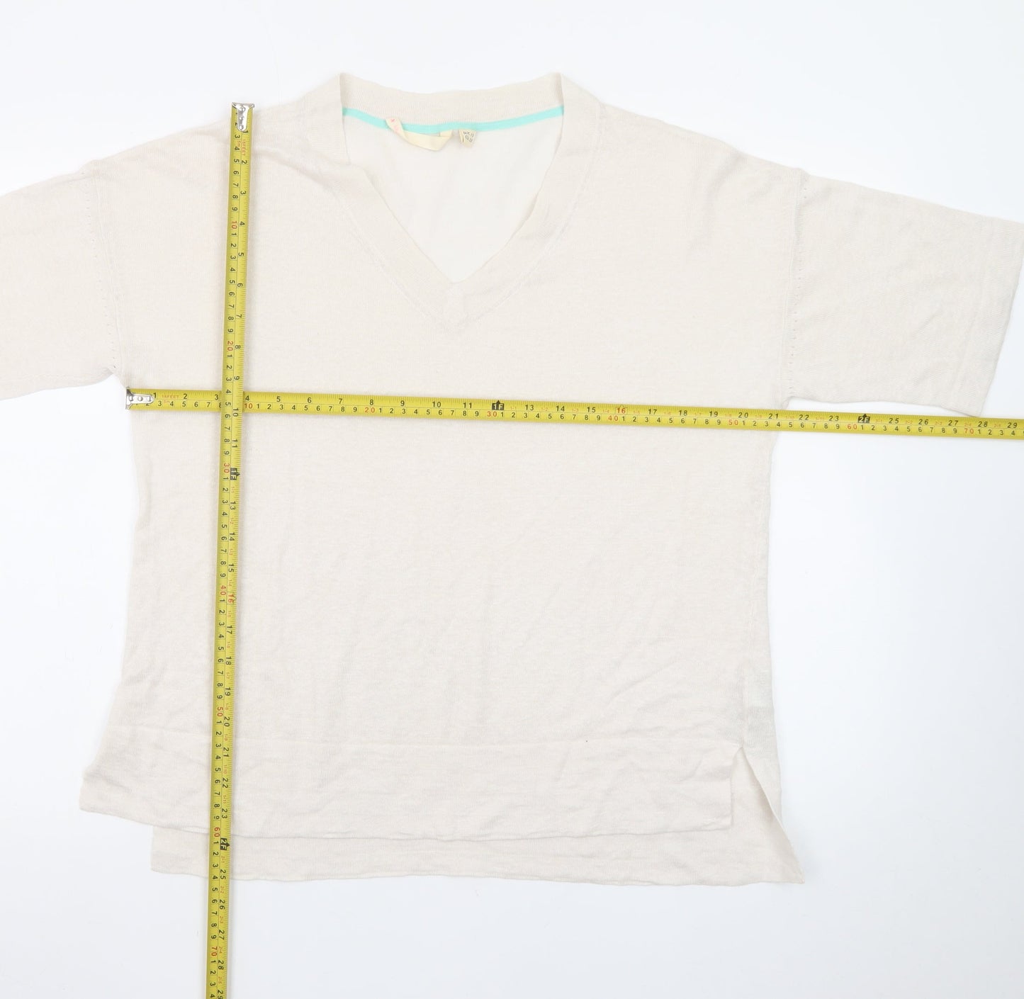 White Stuff Women’s Beige Linen V-Neck Short Sleeve Pullover Jumper UK 10