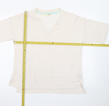 White Stuff Women’s Beige Linen V-Neck Short Sleeve Pullover Jumper UK 10