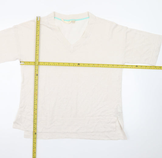 White Stuff Women’s Beige Linen V-Neck Short Sleeve Pullover Jumper UK 10