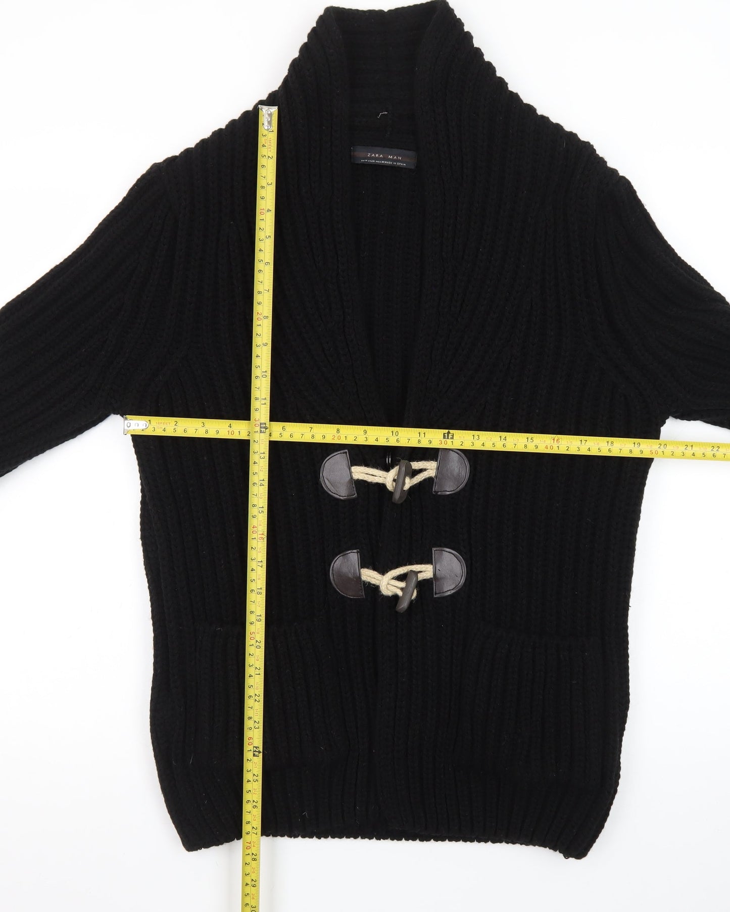 Zara Man Black Wool Blend Chunky Knit Toggle Cardigan M