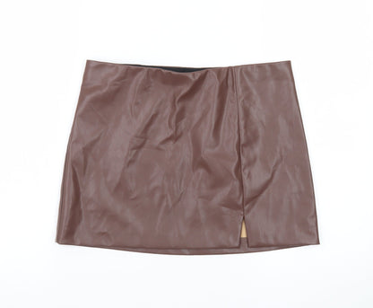 H&M Divided Women Brown Faux Leather Mini Skirt Size 10 High Waist