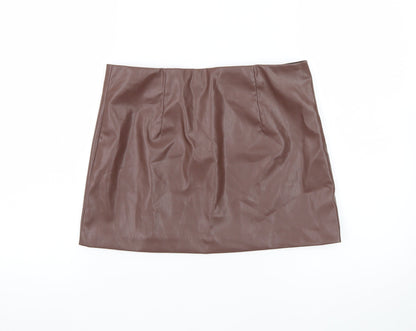 H&M Divided Women Brown Faux Leather Mini Skirt Size 10 High Waist