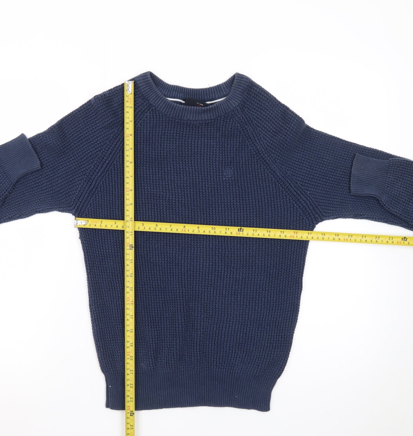 Duck and Cover Men's Blue Cotton Waffle-Knit Crew Neck Jumper Size M