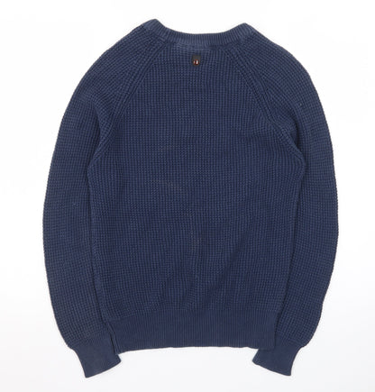 Duck and Cover Men's Blue Cotton Waffle-Knit Crew Neck Jumper Size M