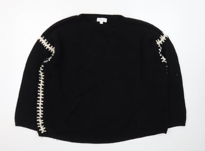 The White Company Women Black Wool Pullover Jumper UK 1 S with Contrast Stitch Detail