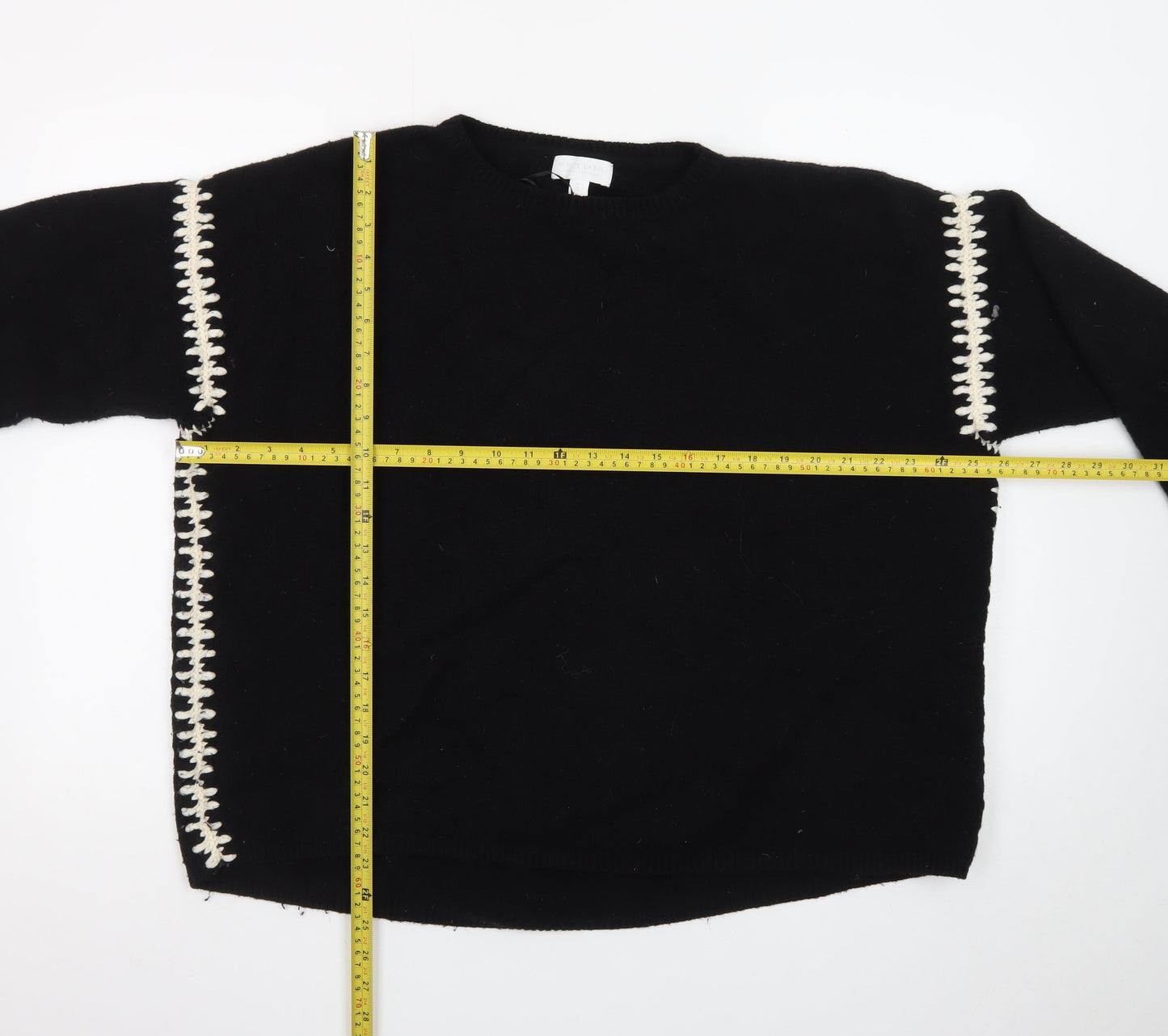The White Company Women Black Wool Pullover Jumper UK 1 S with Contrast Stitch Detail