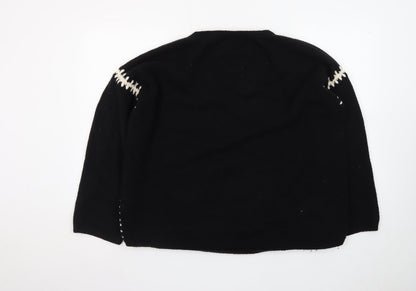 The White Company Women Black Wool Pullover Jumper UK 1 S with Contrast Stitch Detail