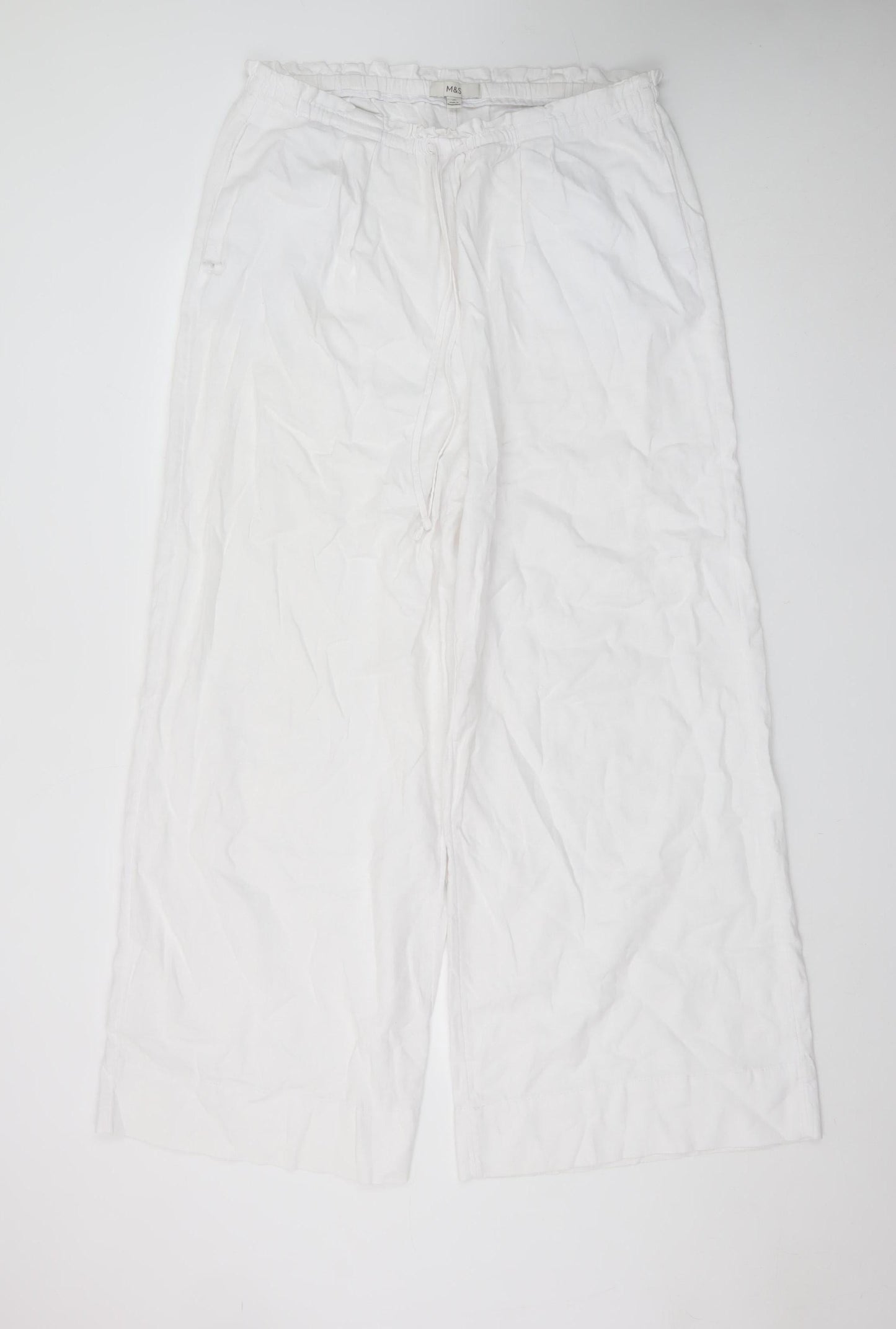 Marks and Spencer Women’s White Linen Wide-Leg Trousers Size 16 Tall
