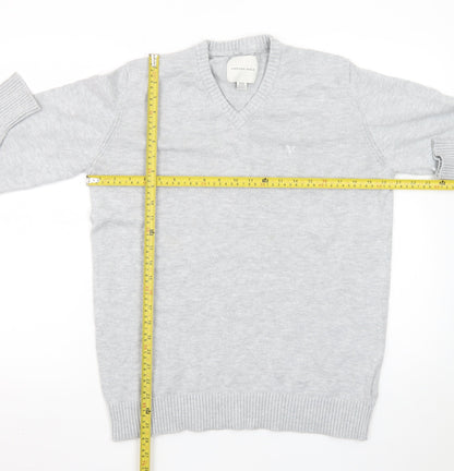 American Eagle Men’s Grey V-Neck Cotton Blend Jumper Size M