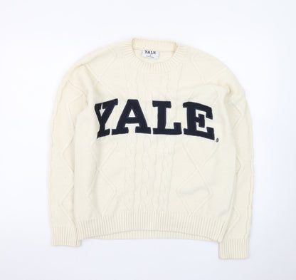 Yale University Women Ivory Cable Knit Jumper Small Crew Neck Cotton