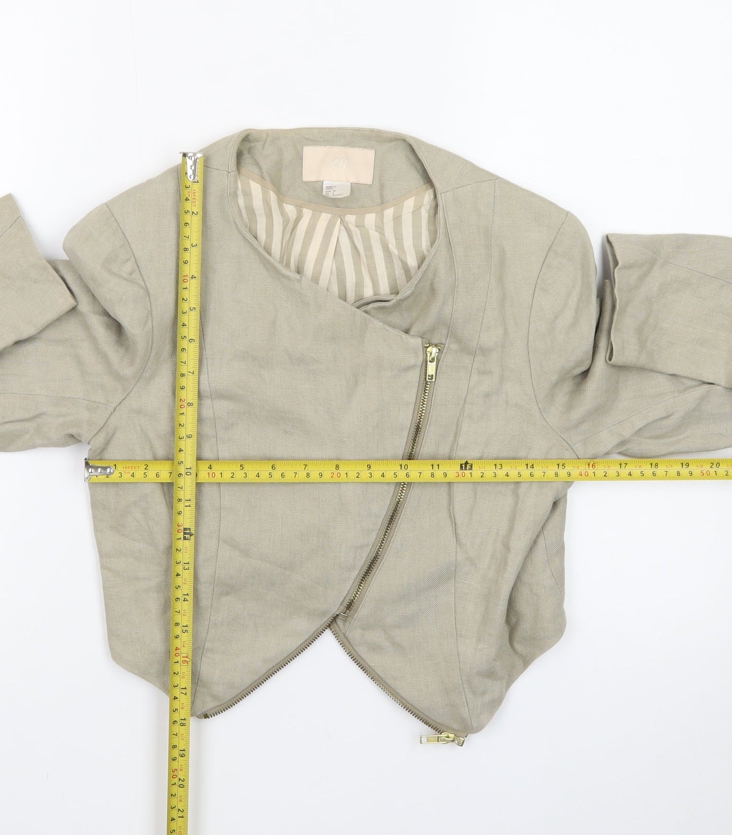 H&M Women Beige Cropped Biker Jacket Size 8 Linen Blend