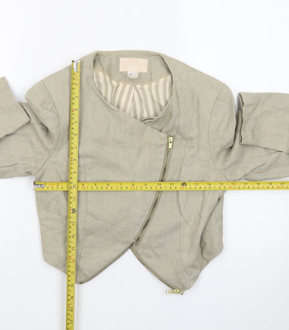 H&M Women Beige Cropped Biker Jacket Size 8 Linen Blend