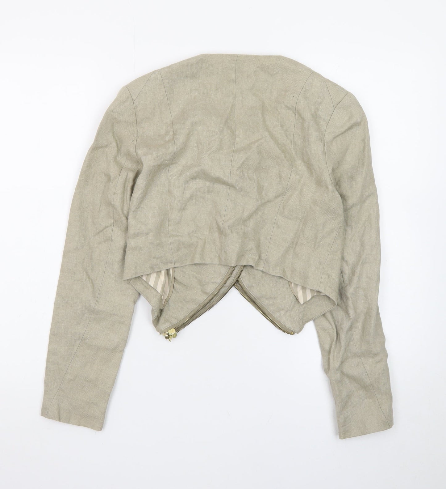H&M Women Beige Cropped Biker Jacket Size 8 Linen Blend