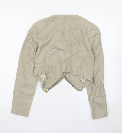 H&M Women Beige Cropped Biker Jacket Size 8 Linen Blend
