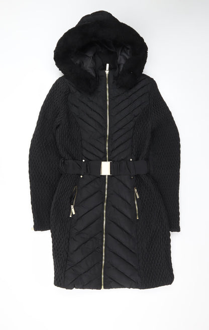 Karen Millen Women’s Black Belted Hooded Puffer Coat Size 8