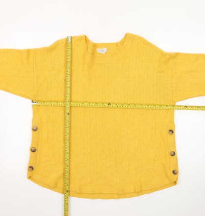 Fat Face Women Yellow Cotton Crew Neck Button Detail Pullover Jumper Size 18