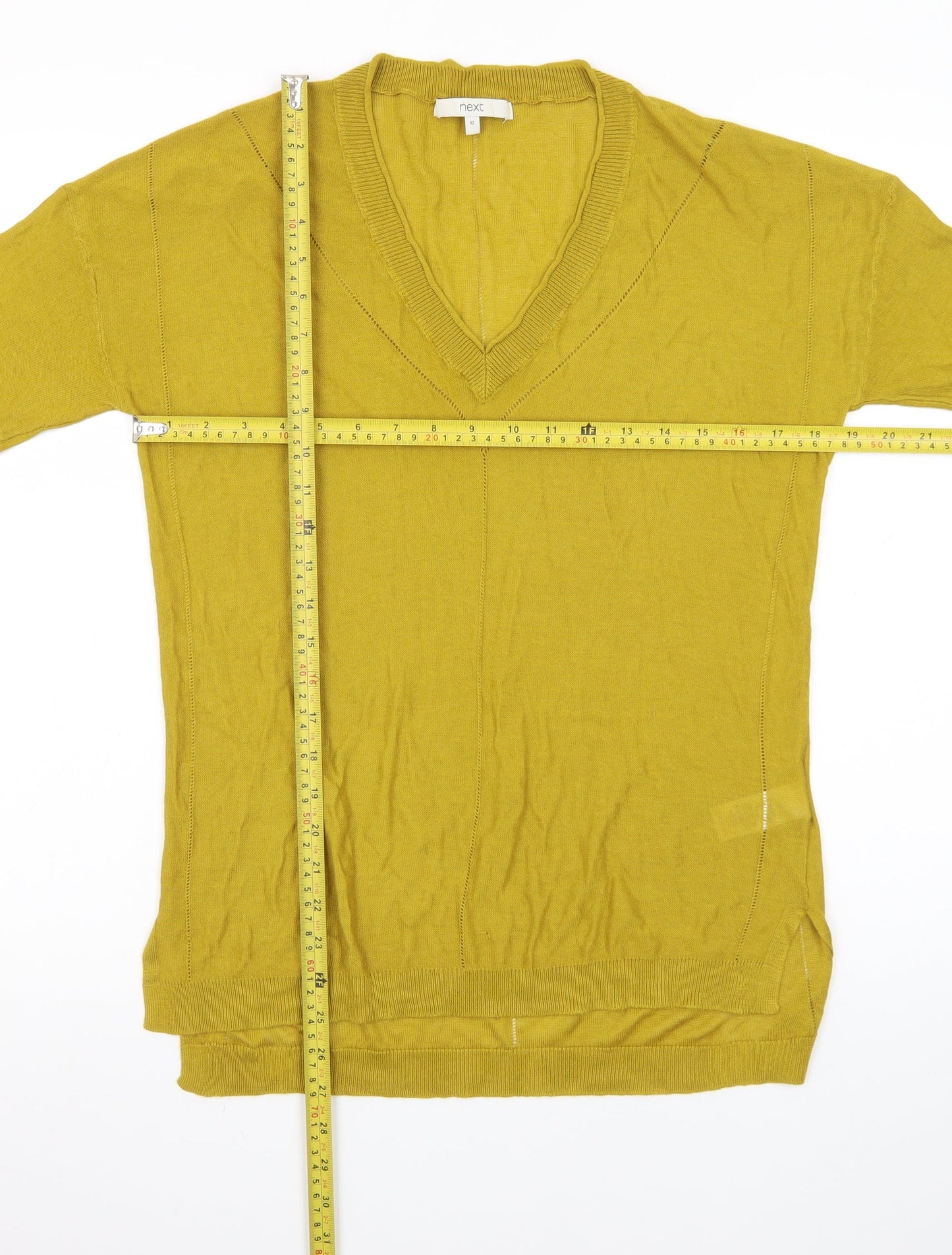 Next Womens Mustard V-Neck Jumper Size 12 Viscose Acrylic Knit