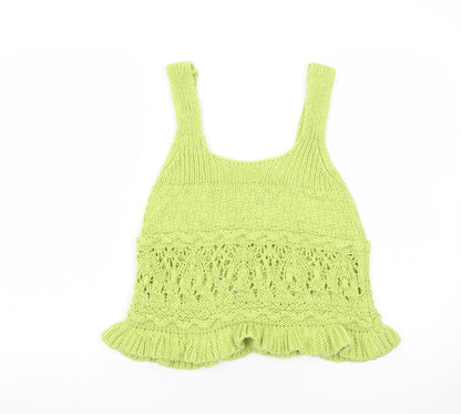 Zara Women Green Knit Crochet Tank Top Size S Summer Boho Style