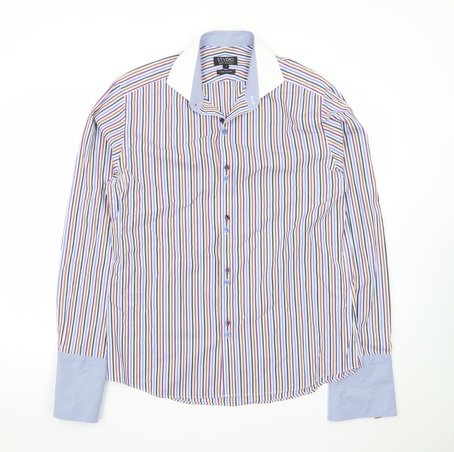 Jeff Banks Men's Multicoloured Striped Pure Cotton Dress Shirt Size 16