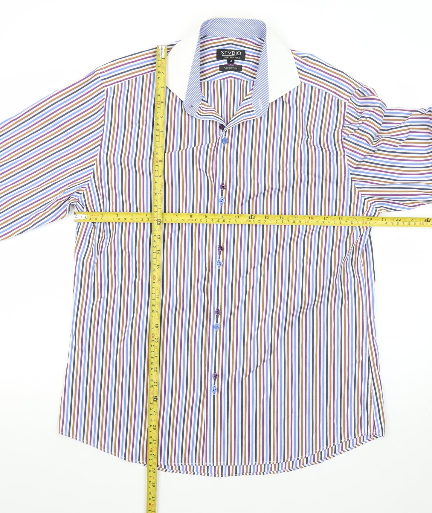 Jeff Banks Men's Multicoloured Striped Pure Cotton Dress Shirt Size 16