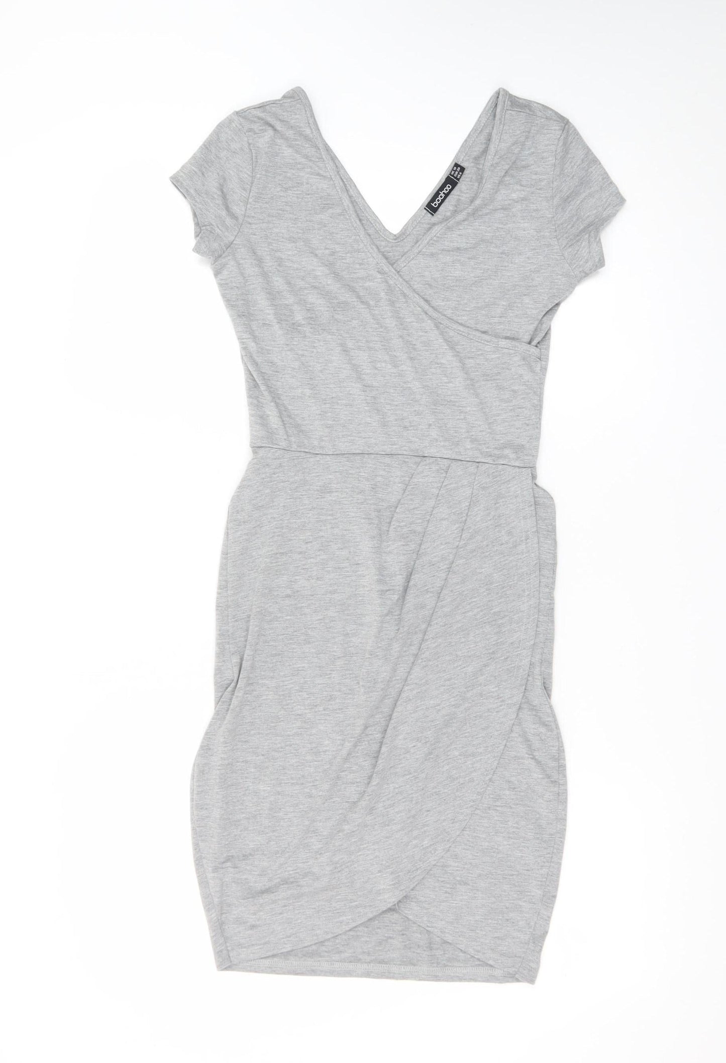 Boohoo Women Grey Size 10 Bodycon V-Neck Short Sleeve Dress