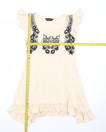Dorothy Perkins Women Beige Size 8 Embroidered Ruffle Shift Dress