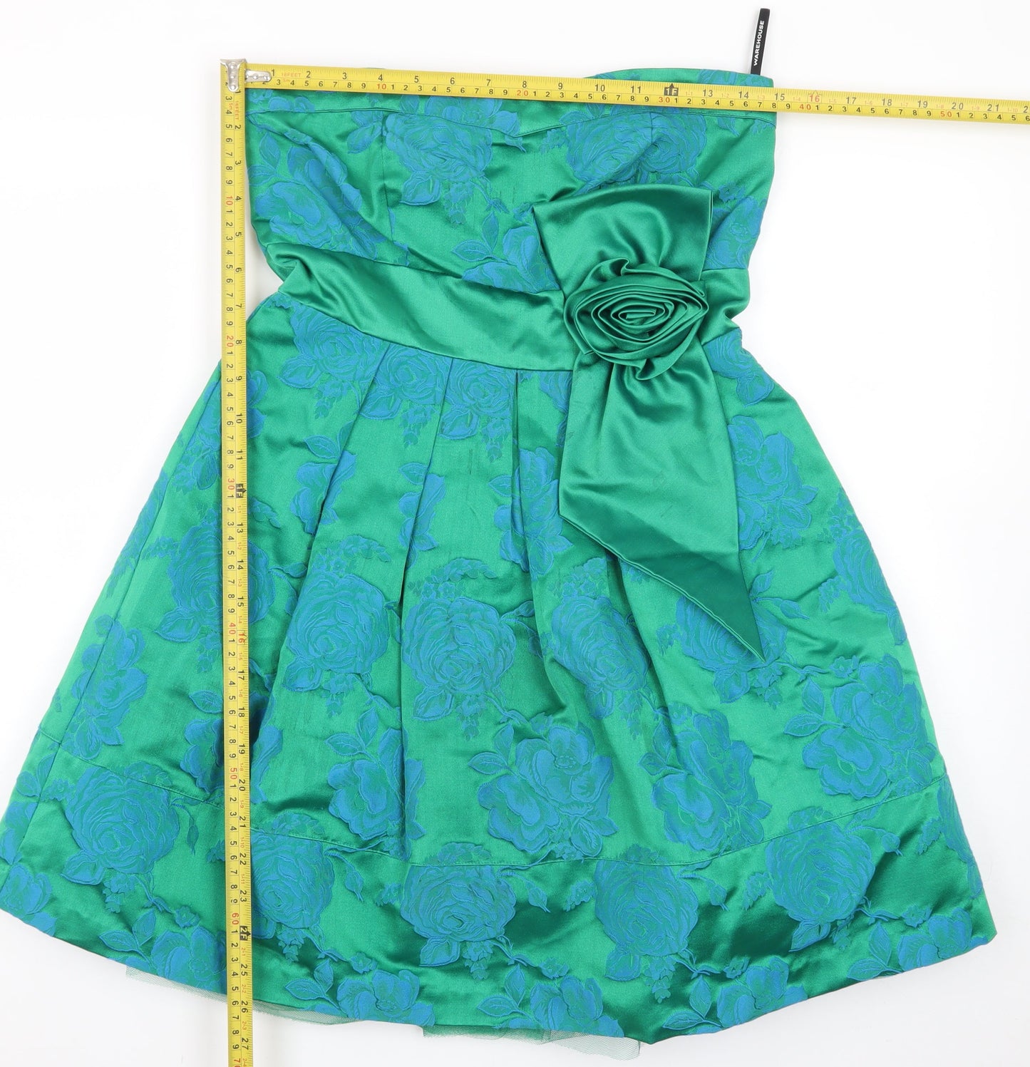 Warehouse Women's Green Floral Strapless Bow Jacquard Dress Size 10