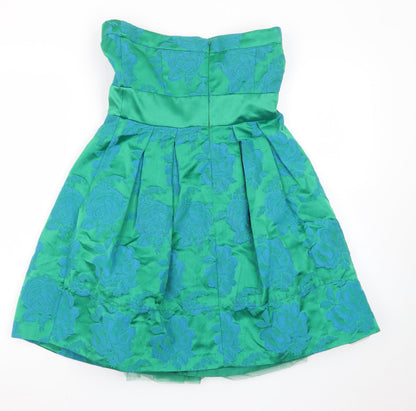 Warehouse Women's Green Floral Strapless Bow Jacquard Dress Size 10