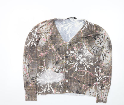 Passport Womens Brown Floral V-Neck Button Cardigan Size M