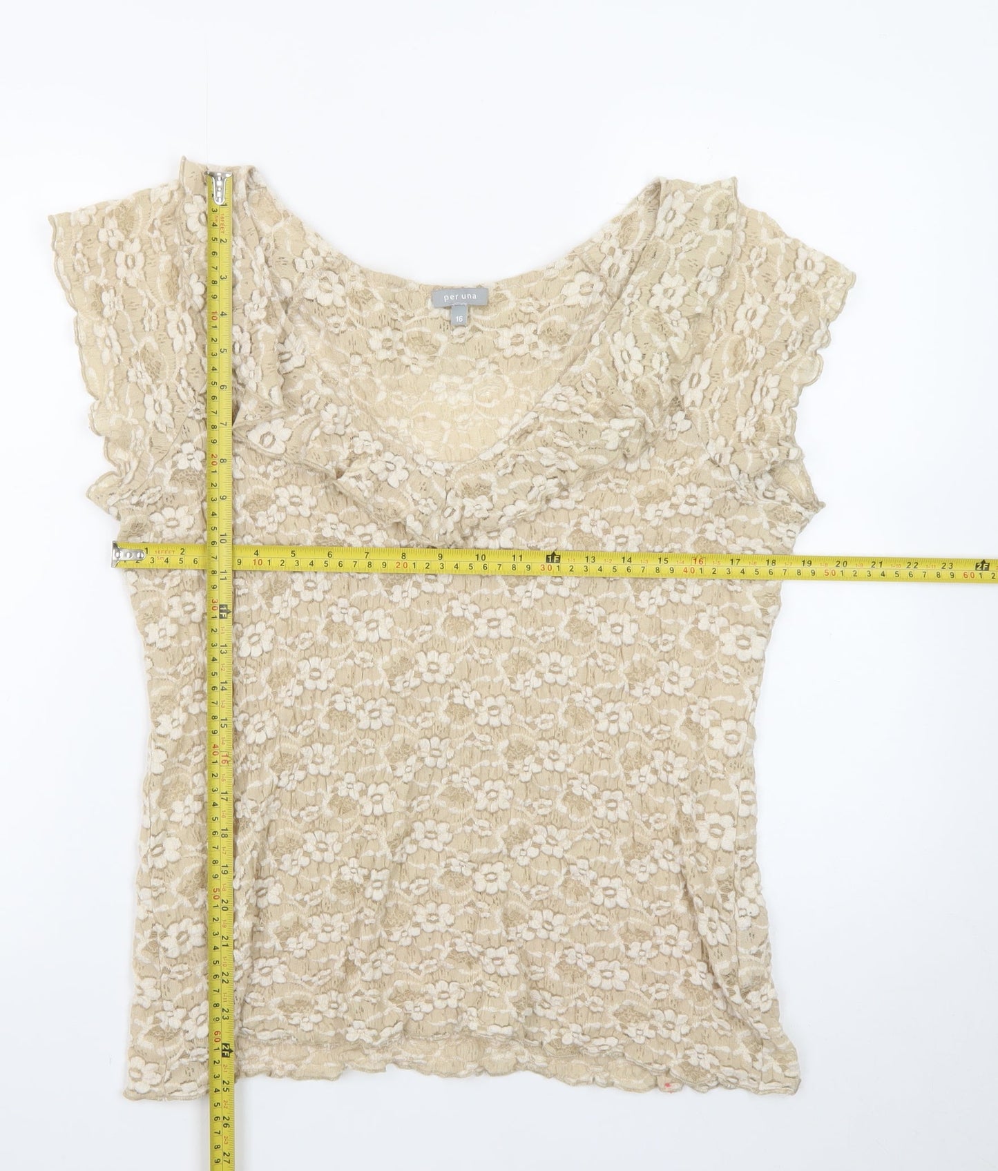 Marks and Spencer Per Una Beige Lace Ruffle Short Sleeve Blouse Size 16