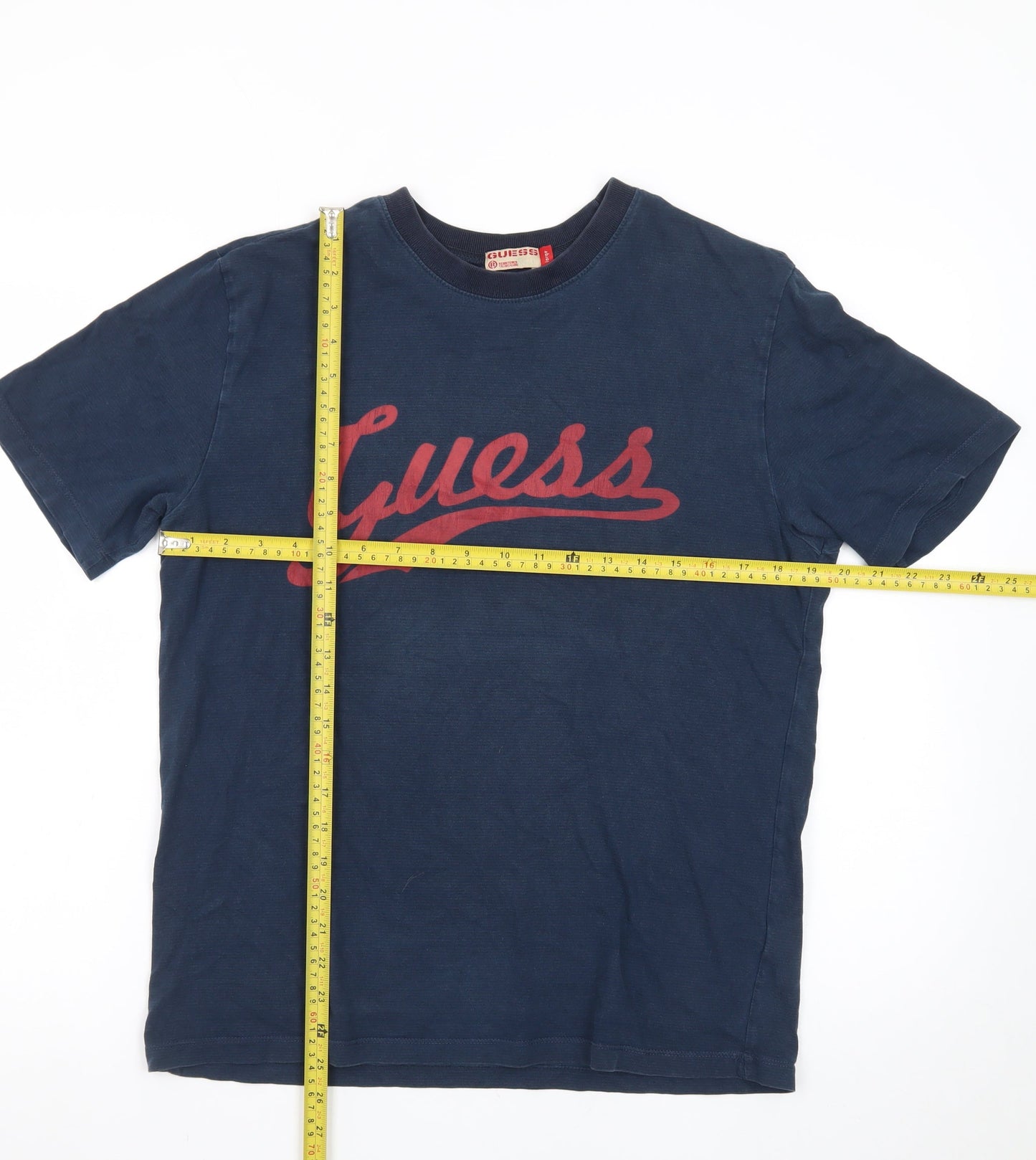 Guess Men’s Blue Logo Crew Neck Cotton T-Shirt Size L Vintage