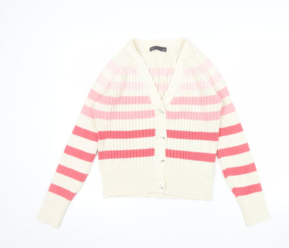 Marks and Spencer Women Cream Pink Striped Cardigan Size S Cotton Knit