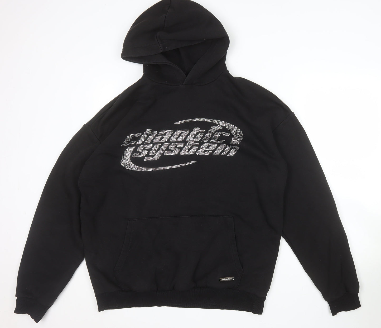 FSBN Womens Black Relaxed Fit Pullover Hoodie Size L Chaotic System Logo