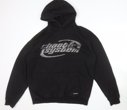 FSBN Womens Black Relaxed Fit Pullover Hoodie Size L Chaotic System Logo